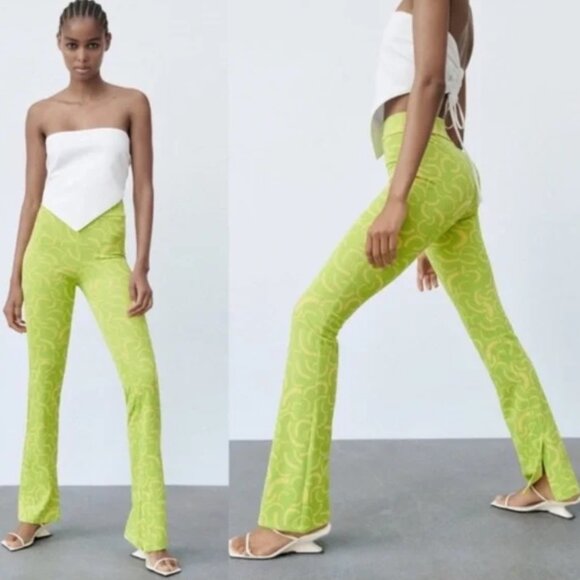 ZARA - Lime Green and Yellow High Rise Flare Leg Pants size M - Picture 1 of 12